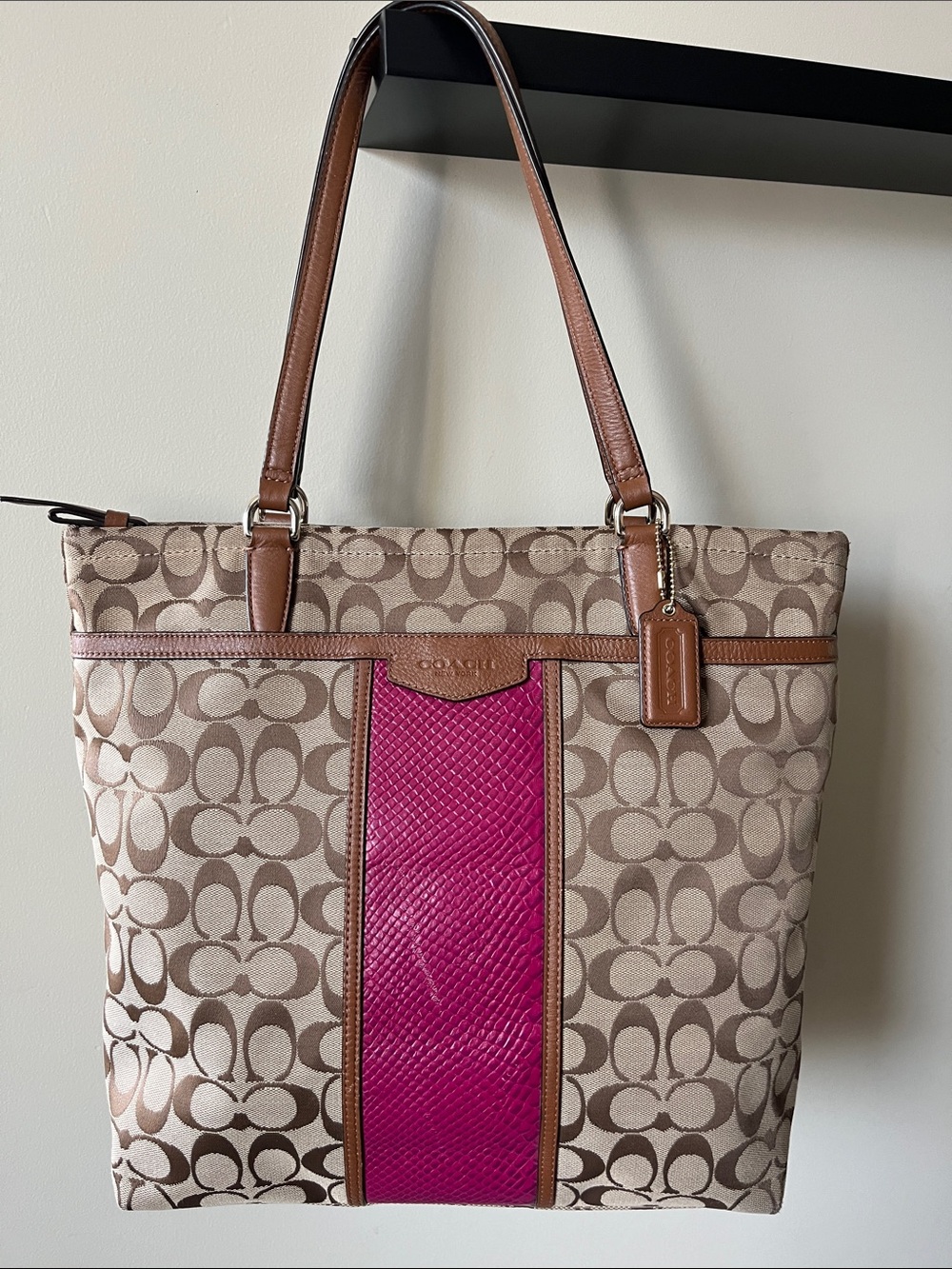 Coach Signature Snake Print Tote with Bright Pink Center Stripe and Tan Trim